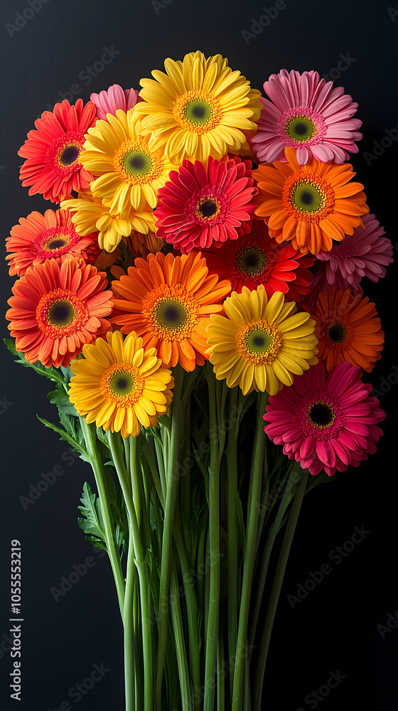 A bouquet of brightly colored Gerbera flowers. Each Gerbera has large green leaves, arranged in a cluster, creating a lively and fun bouquet. A bouquet of brightly colored Gerbera flowers. Each Gerbera has large green leaves, arranged in a cluster, creating a lively and fun bouquet.