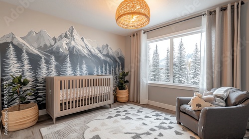 Cozy mountainthemed nursery with snowcapped peaks painted on the walls, soft gray tones, and warm lighting, side view photo