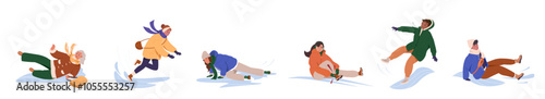 Set of people slipping on an ice, crashing into the cold, hard surface, leads to bruises, contusions and fractures. Slippery winter road. Vector flat cartoon illustration isolated on white background.