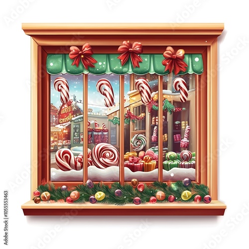 Cartoon candy shop window decorated for the holidays on a white background.