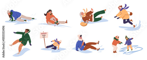 Set of people slipping on an ice, crashing into the cold, hard surface, leads to bruises, contusions and fractures. Slippery winter road. Vector flat cartoon illustration isolated on white background.