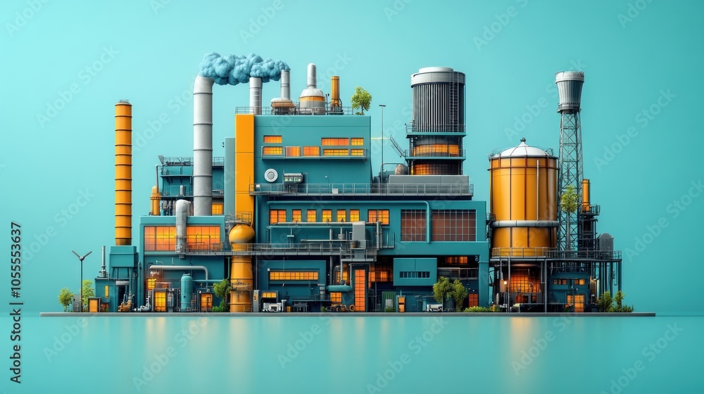 Obraz premium A Stylized Industrial Complex with Smoke Stack Emissions