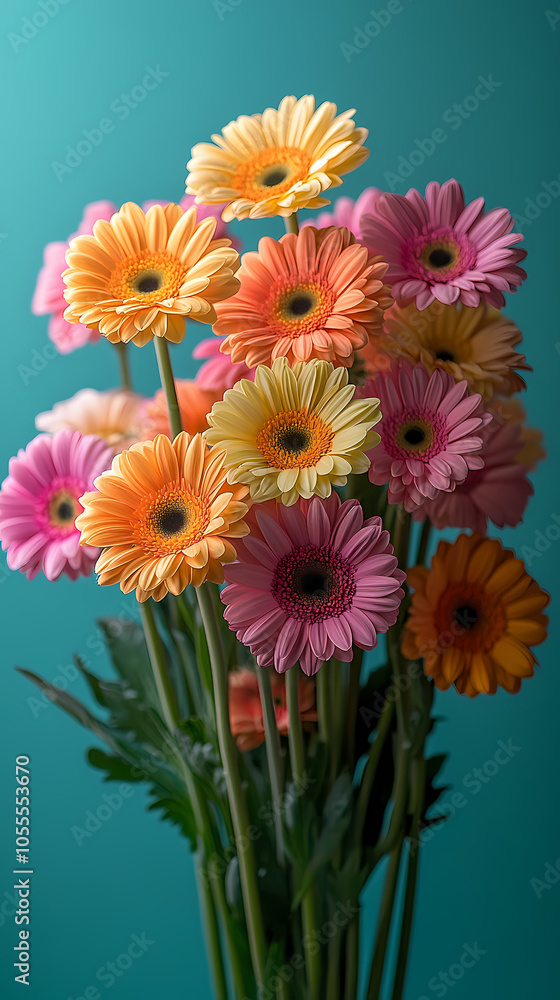 A bouquet of brightly colored Gerbera flowers. Each Gerbera has large green leaves, arranged in a cluster, creating a lively and fun bouquet. A bouquet of brightly colored Gerbera flowers. Each Gerbera has large green leaves, arranged in a cluster, creating a lively and fun bouquet.