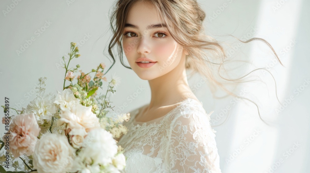 Naklejka premium Bride Posing in Flowing Wedding Dress Outdoors