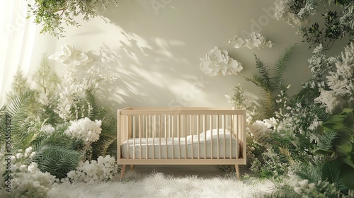 Minimalist baby crib with naturethemed wall art, 3D illustration photo