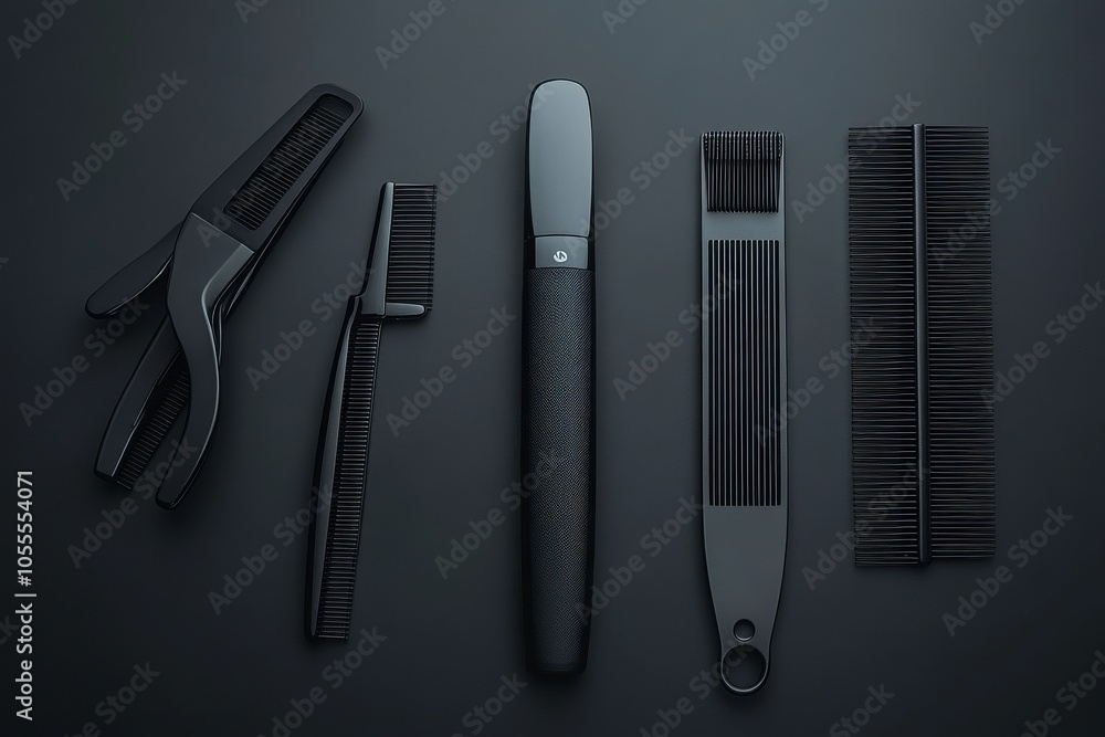 Sleek Black Hair Styling Tools in Minimalist Arrangement Sleek Black Hair Styling Tools in Minimalist Arrangement