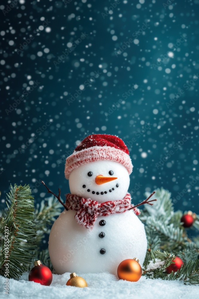Fototapeta premium Cute snowman. Winter holiday theme.