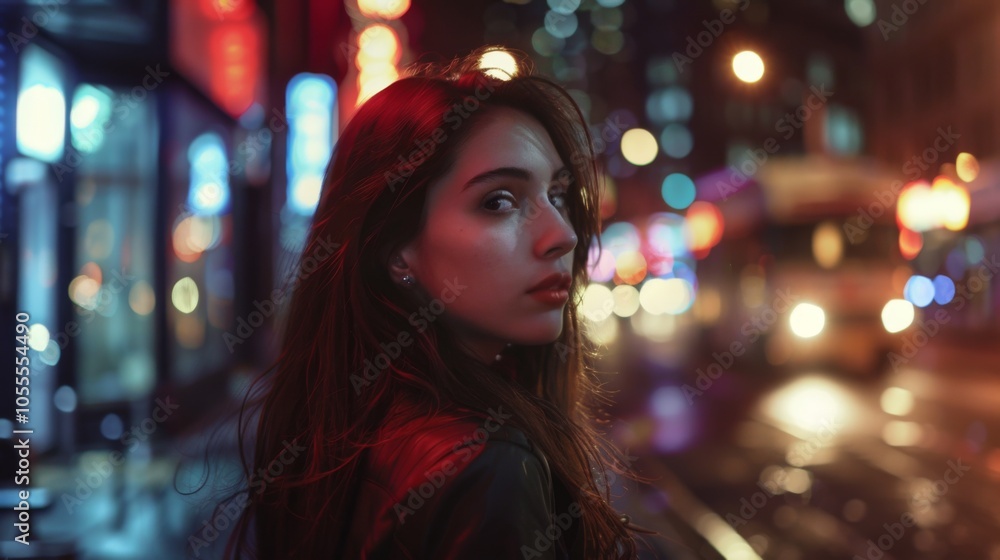 A woman glances back amid a bustling city nightlife, bathed in vibrant red and blue neon lights, reflecting an atmosphere of mystery and urban exploration. A woman glances back amid a bustling city nightlife, bathed in vibrant red and blue neon lights, reflecting an atmosphere of mystery and urban exploration.
