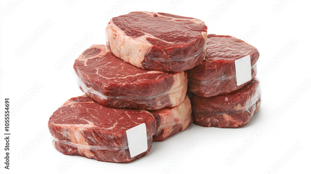Fresh vacuum sealed steak cuts stacked neatly with labels visible Fresh vacuum sealed steak cuts stacked neatly with labels visible