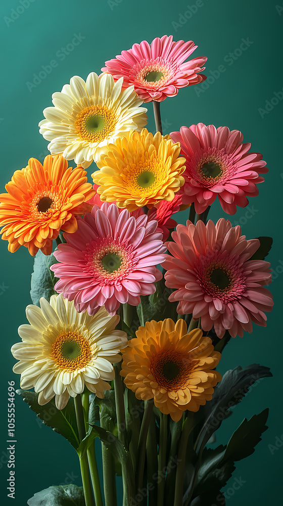 A bouquet of brightly colored Gerbera flowers. Each Gerbera has large green leaves, arranged in a cluster, creating a lively and fun bouquet. A bouquet of brightly colored Gerbera flowers. Each Gerbera has large green leaves, arranged in a cluster, creating a lively and fun bouquet.