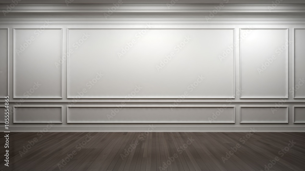 A classic, elegantly designed empty room showcasing intricate white paneling with polished hardwood flooring, capturing a sophisticated and timeless aesthetic ambiance. A classic, elegantly designed empty room showcasing intricate white paneling with polished hardwood flooring, capturing a sophisticated and timeless aesthetic ambiance.