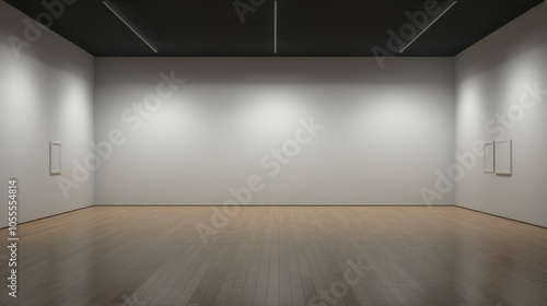 This image captures a minimalist modern art gallery room with white walls and wooden floors, featuring two empty frames, evoking a sense of simplicity and calm.