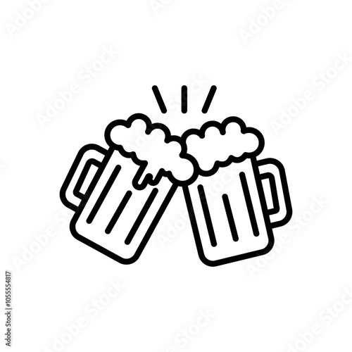 Toasting beer glasses linear icon. Cheers. Thin line illustration. Two foamy beer glasses. Contour symbol. Vector isolated outline