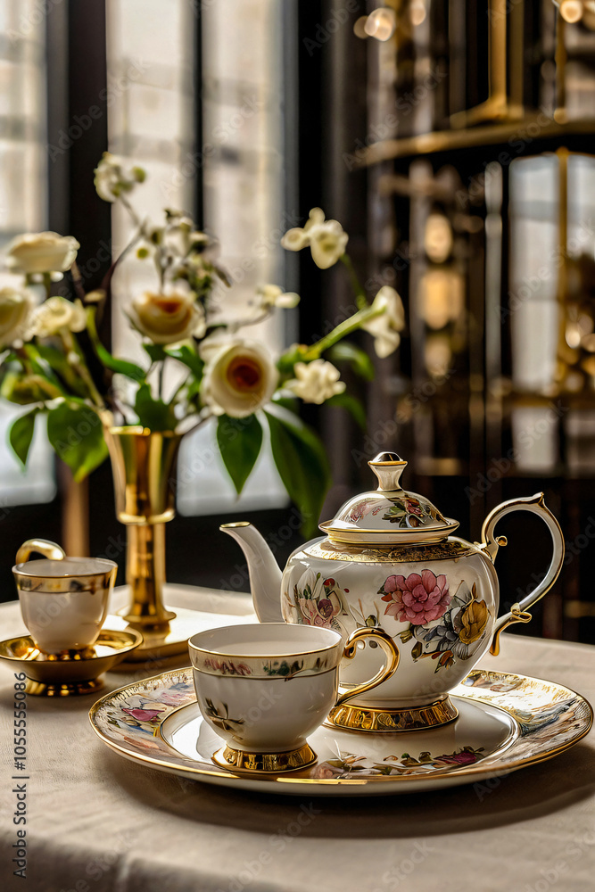 The image shows a porcelain tea set with floral patterns and gold accents, viewed from a top angle. teapot, cups, and saucers rest on a round metallic tray. Soft, warm lighting enhances the elegance. The image shows a porcelain tea set with floral patterns and gold accents, viewed from a top angle. teapot, cups, and saucers rest on a round metallic tray. Soft, warm lighting enhances the elegance.