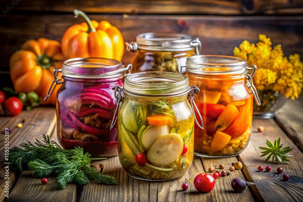 Three Jars of Pickled Vegetables - Autumn Food Conservation Close-Up for Seasonal Preserving Three Jars of Pickled Vegetables - Autumn Food Conservation Close-Up for Seasonal Preserving