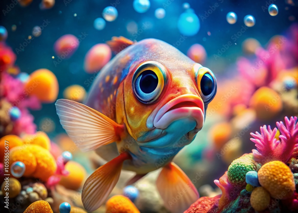 Tilt-Shift Illustration of a Lifeless Fish with Xs for Eyes in a Surreal Underwater Scene Tilt-Shift Illustration of a Lifeless Fish with Xs for Eyes in a Surreal Underwater Scene