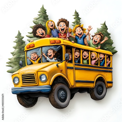 A cartoon school bus filled with excited children going on a field trip on a white background. photo