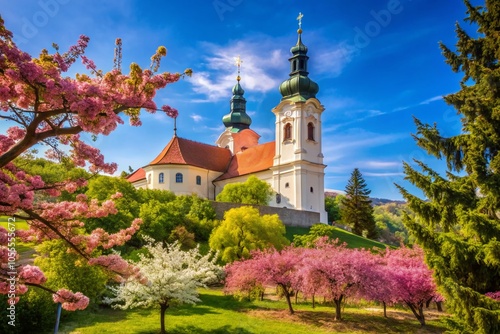 Tihany Benedictine Abbey Tower in Spring with Blooming Tree – Stunning Hungarian Landscape Photography