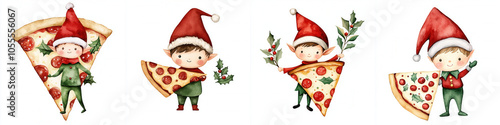 A whimsical illustration of cheerful elves holding slices of pizza, adorned with festive hats and playful poses. photo