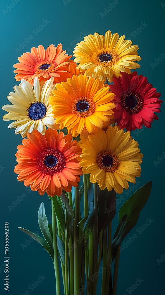 A bouquet of brightly colored Gerbera flowers. Each Gerbera has large green leaves, arranged in a cluster, creating a lively and fun bouquet. A bouquet of brightly colored Gerbera flowers. Each Gerbera has large green leaves, arranged in a cluster, creating a lively and fun bouquet.
