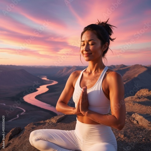 Yoga woman meditating on the mountain