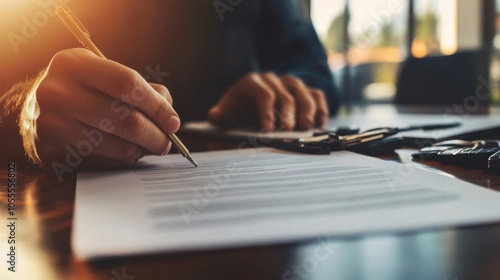 Man reviewing and signing an extended warranty document for his vehicle, with car keys and a sales brochure on the table in a dealership office.