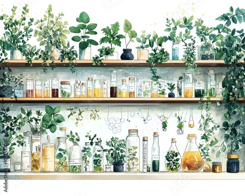 Detailed illustration of a biology laboratory showcasing plant specimens and environmental studies, featuring DNA strands and biochemistry structures on a white background photo