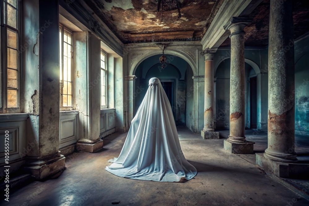 Traditional Ghost Costume with White Bedsheet and Eye Holes in a Hauntingly Beautiful Architectural Setting Traditional Ghost Costume with White Bedsheet and Eye Holes in a Hauntingly Beautiful Architectural Setting