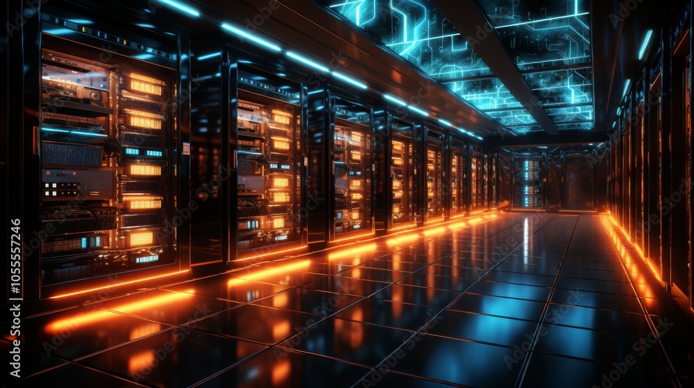 A high-tech data center features glowing orange and blue lights reflecting off sleek servers, representing advanced technology and digital energy flow. A high-tech data center features glowing orange and blue lights reflecting off sleek servers, representing advanced technology and digital energy flow.