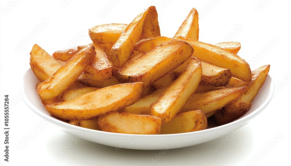 Delicious Golden Brown French Fries, Bowl of Crispy Potato Wedges, Isolated on White Background Delicious Golden Brown French Fries, Bowl of Crispy Potato Wedges, Isolated on White Background