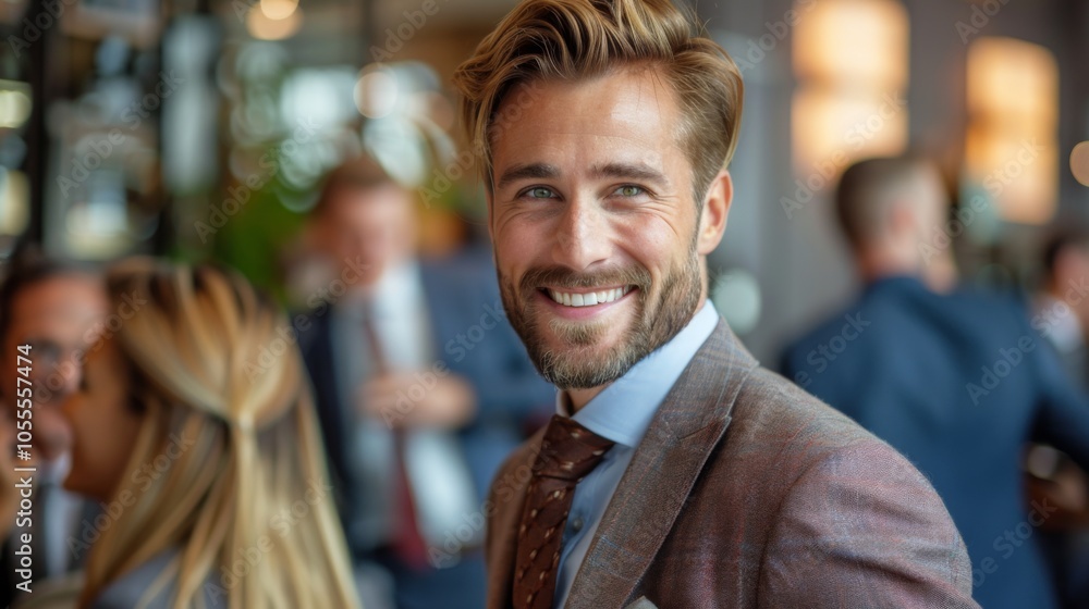 A handsome, bearded man in a tailored suit smiles warmly in a bustling office environment, with colleagues and a professional atmosphere in the background. A handsome, bearded man in a tailored suit smiles warmly in a bustling office environment, with colleagues and a professional atmosphere in the background.