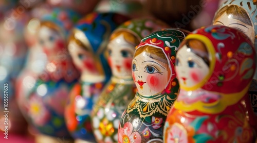 A vibrant collection of traditional Russian nesting dolls, known as Matryoshka dolls, intricately painted with floral designs and diverse colors in a market setting.