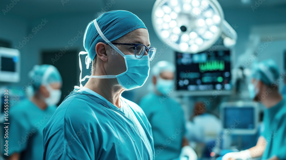 Medical team in operating room with focus on a surgeon wearing surgical mask and glasses, illuminated by surgical light and surrounded by medical equipment and monitors. Medical team in operating room with focus on a surgeon wearing surgical mask and glasses, illuminated by surgical light and surrounded by medical equipment and monitors.