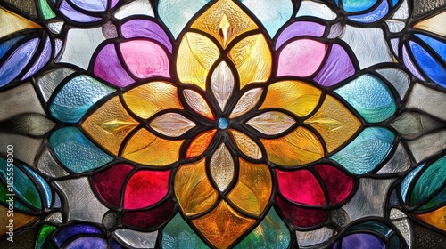 High-quality product shot of a custom-made stained glass window, showcasing colorful patterns and intricate leadwork.