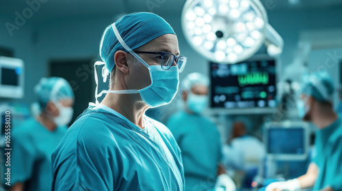 Medical team in operating room with focus on a surgeon wearing surgical mask and glasses, illuminated by surgical light and surrounded by medical equipment and monitors.