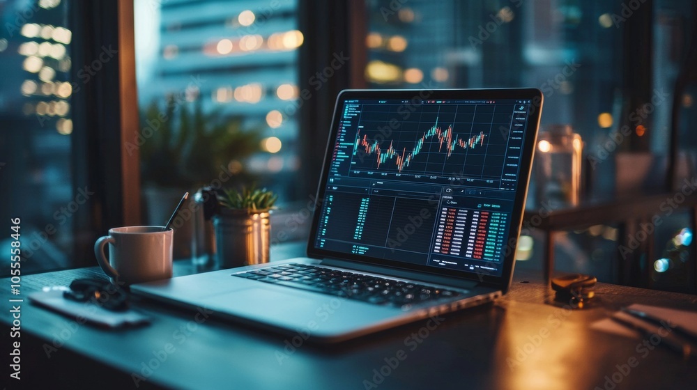 Laptop with stock market charts in a modern office at night Laptop with stock market charts in a modern office at night