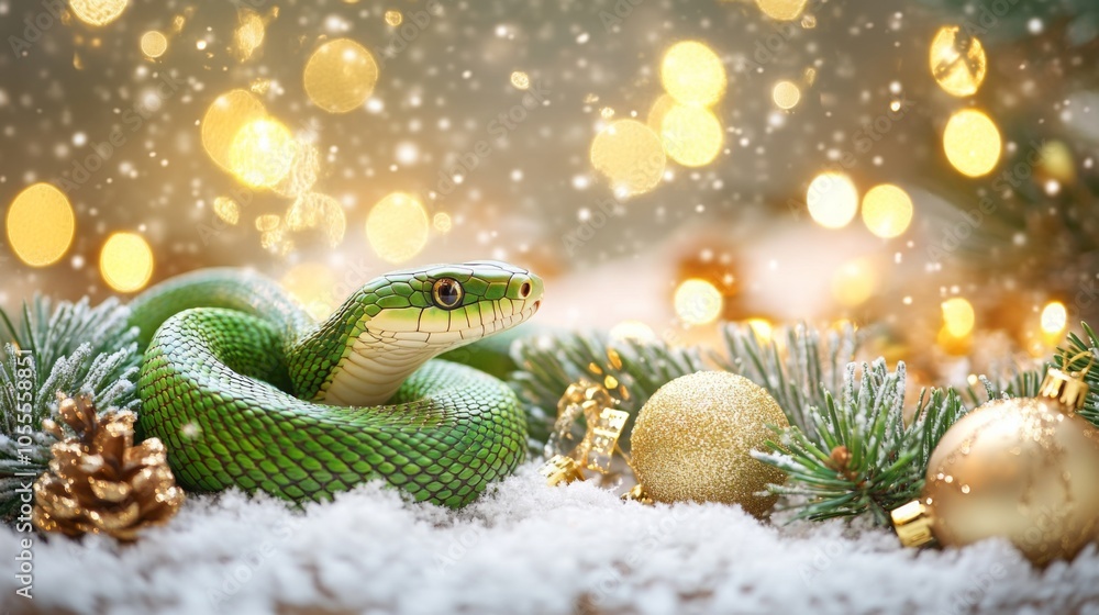 A vibrant green snake rests gracefully on a snowy surface, surrounded by pine needles and golden ornaments. Soft, glowing lights create a festive atmosphere, enhancing the winter wonderland feel. A vibrant green snake rests gracefully on a snowy surface, surrounded by pine needles and golden ornaments. Soft, glowing lights create a festive atmosphere, enhancing the winter wonderland feel.