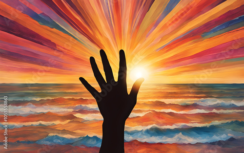 Hopeful hands reaching toward a bright, colorful sunrise, layered with warm, diffused light symbolizing new beginnings and optimism