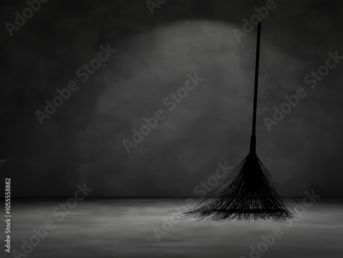 Black broom in spotlight on dark shadowed floor photo