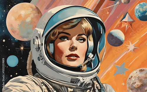 Retro-futuristic woman in a vintage spacesuit photo