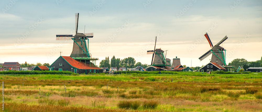 Zaanse Schans the famous landmark in Zaandam Netherlands with tranditional houses and old windmills
