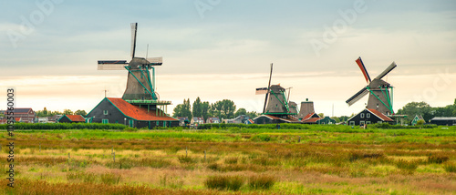 Obraz na płótnie Zaanse Schans the famous landmark in Zaandam Netherlands with tranditional houses and old windmills w salonie