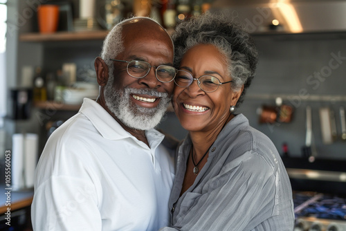  Senior luxury smiling african american couple embracing in a warm kitchen