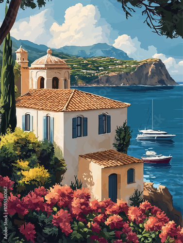 A charming coastal villa overlooking a tranquil sea, surrounded by colorful flowers and lush greenery, with sailboats gently anchored nearby and mountains in the background, corfu poster