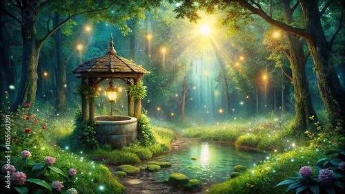 Enchanted forest with magical well from above