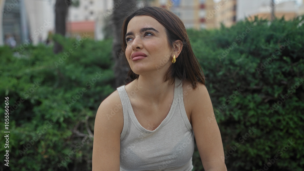 Beautiful brunette hispanic woman in an urban park setting expressing thoughtfulness outdoors in the city. Beautiful brunette hispanic woman in an urban park setting expressing thoughtfulness outdoors in the city.
