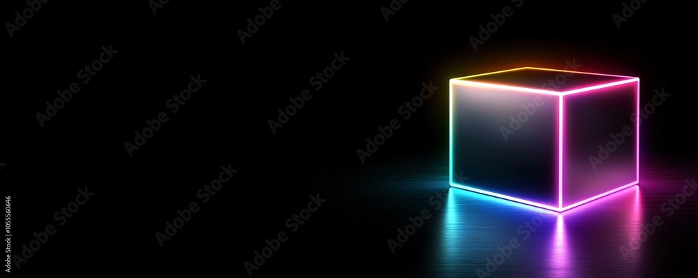 Vibrant Abstract Holographic Cube with Neon Glow - Reflective Metallic Edges and Colorful Light Reflections for Modern Design Vibrant Abstract Holographic Cube with Neon Glow - Reflective Metallic Edges and Colorful Light Reflections for Modern Design