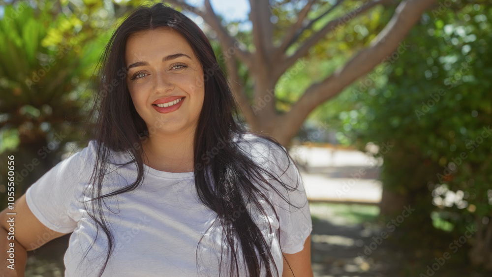 Young female plus size woman smiling in an outdoor urban park setting with greenery and trees in the background. Young female plus size woman smiling in an outdoor urban park setting with greenery and trees in the background.