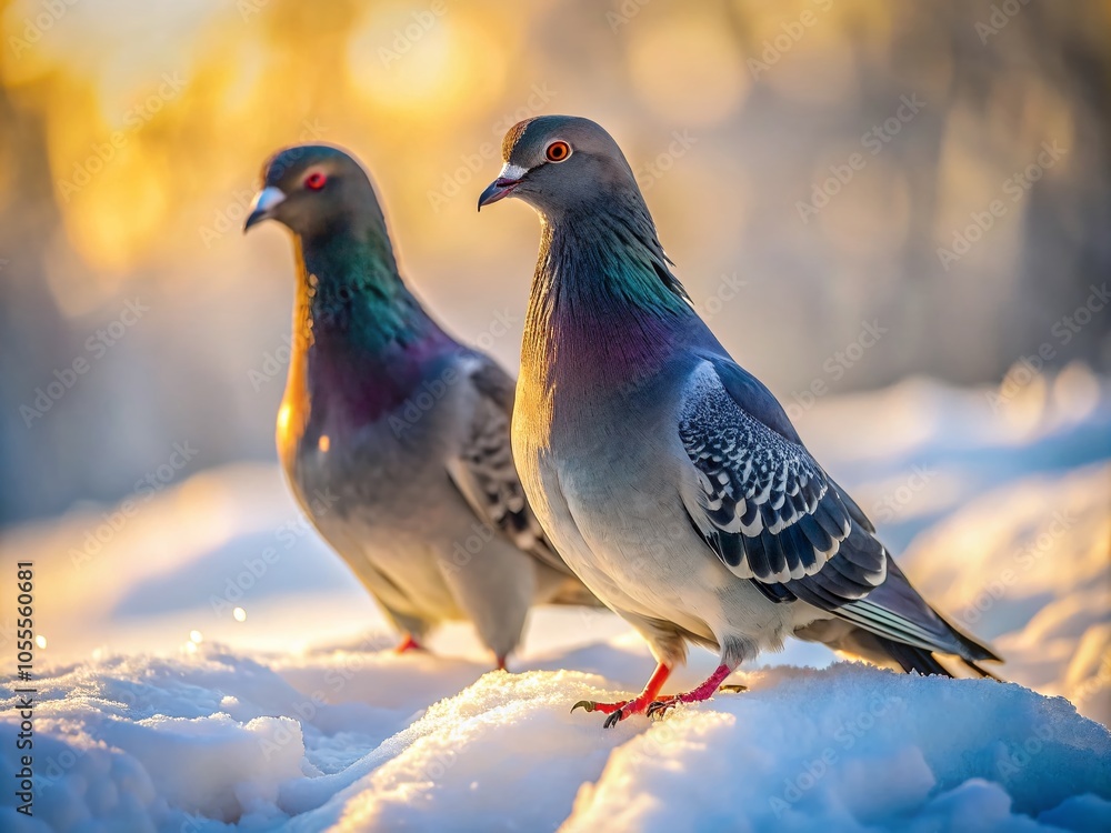 Two Pigeons Walking on Fresh Snow - Serene Winter Scene Photography Two Pigeons Walking on Fresh Snow - Serene Winter Scene Photography