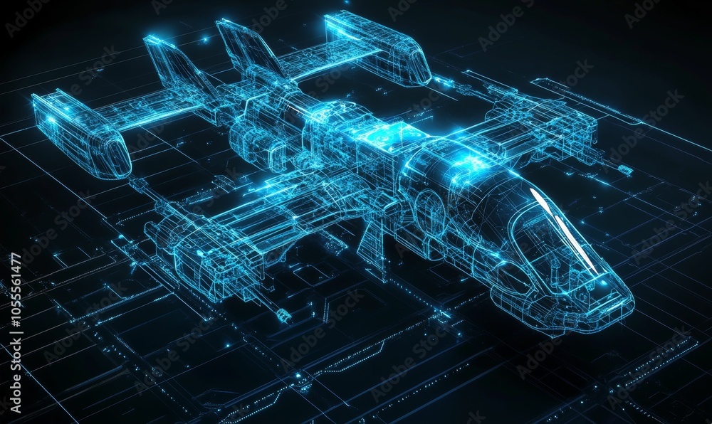 Cyberpunk spaceship wireframe, glowing blue. Cyberpunk spaceship wireframe, glowing blue.